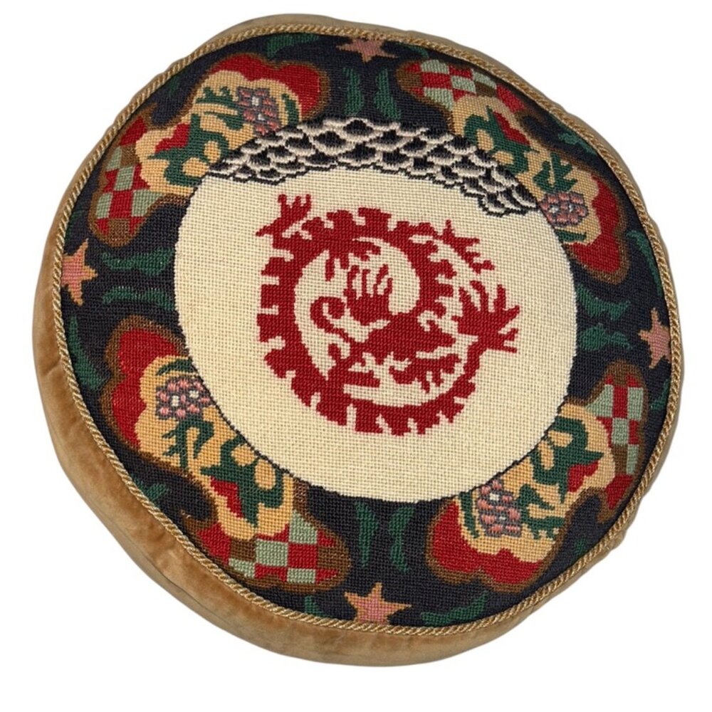 Antique NEEDLEPOINT crest abstract rich colors camel kahki velvet CIRCLE PILLOW